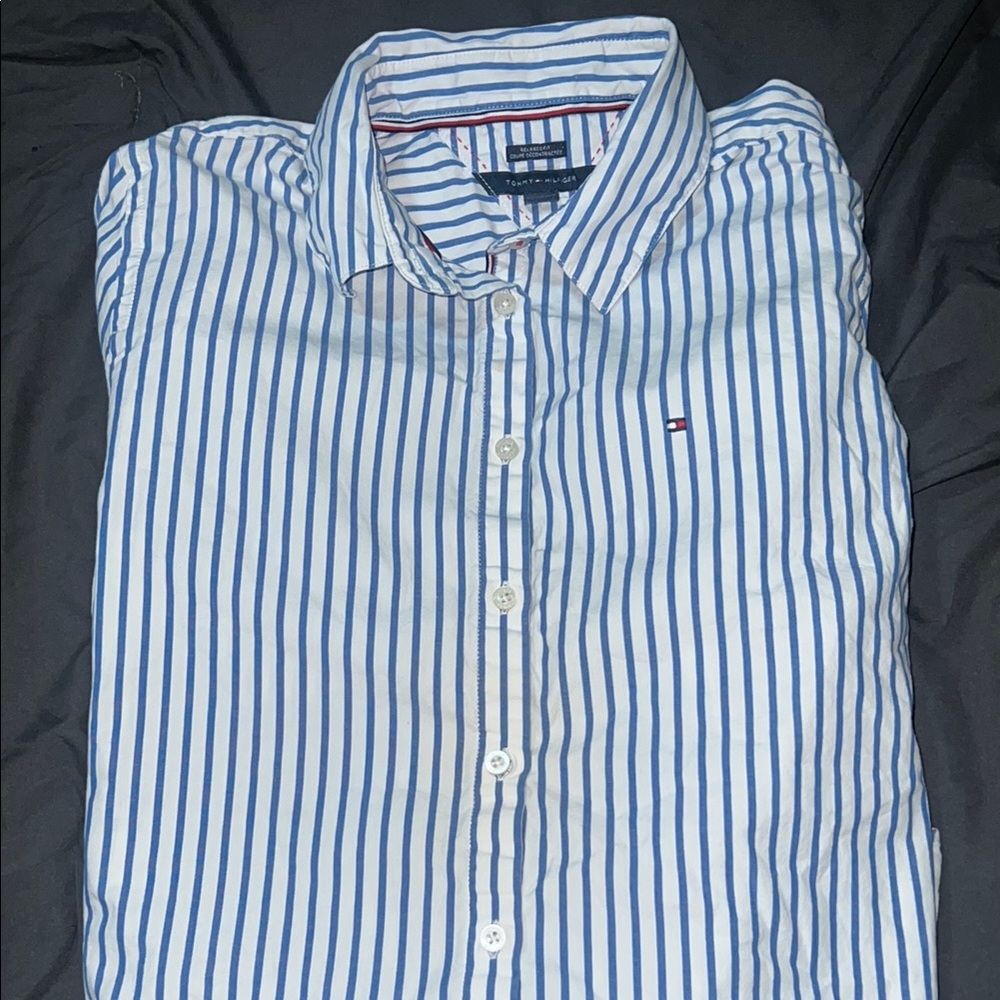 Tommy Hilfiger Women's Blue and White Striped Button-Down Shirt
